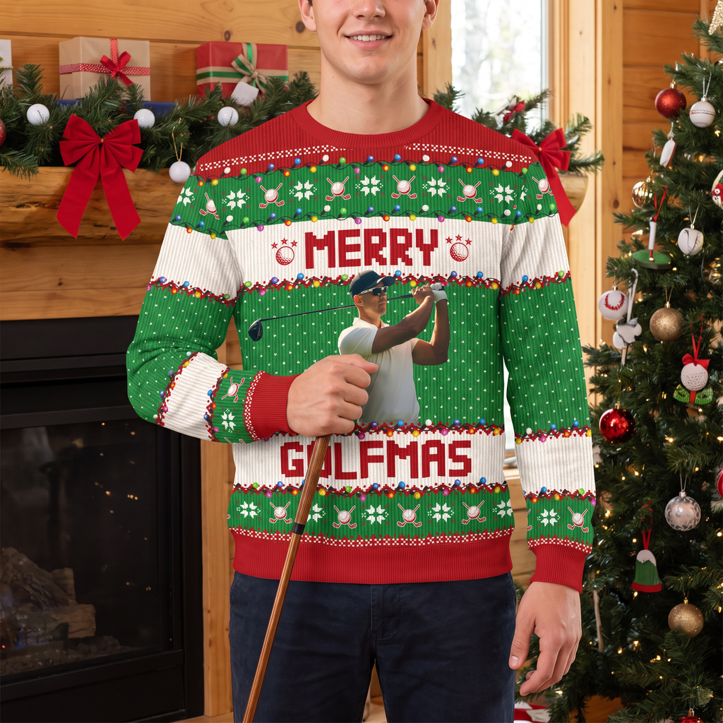 Custom Photo Upload Merry Golfmas Golf Christmas Sweater 3R85W