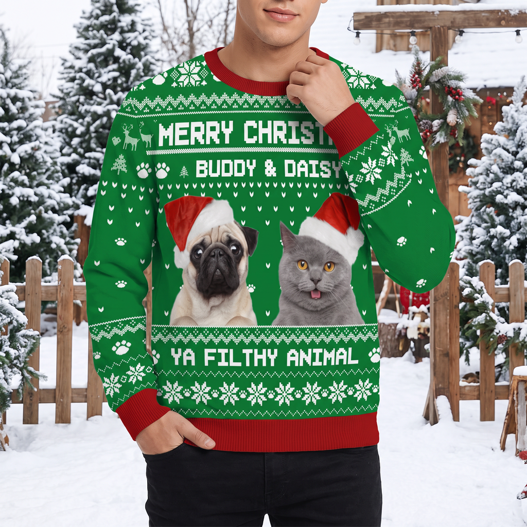 Custom Photo Upload Christmas Sweater with Pets in Santa Hats MQGFE