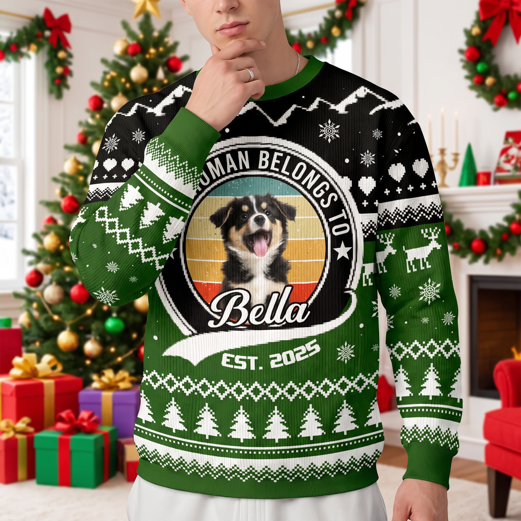 Custom Photo Upload This Human Belongs To Ugly Christmas Sweater 7W29T