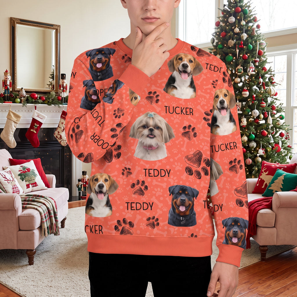 Custom Photo Upload Sweatshirt with Dog Portraits & Paw Prints EX8XH