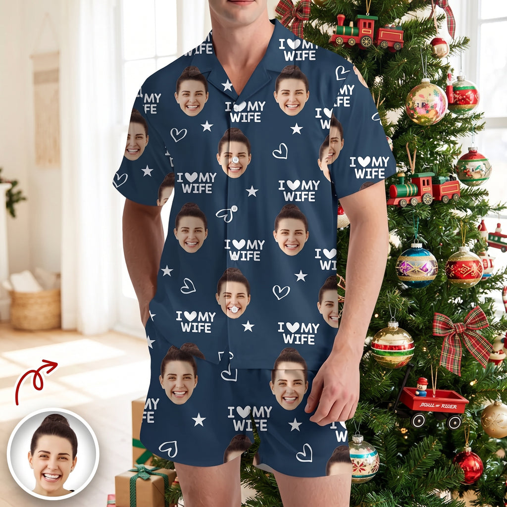 Custom Photo Upload Pajama Set with I Love My Husband Text & Stars DB9VM