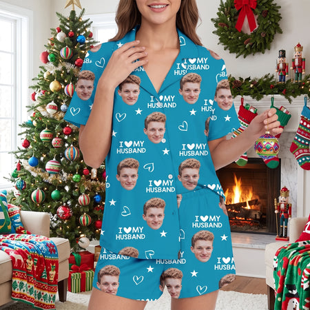 Custom Photo Upload Pajama Set with I Love My Husband Text & Stars DB9VM