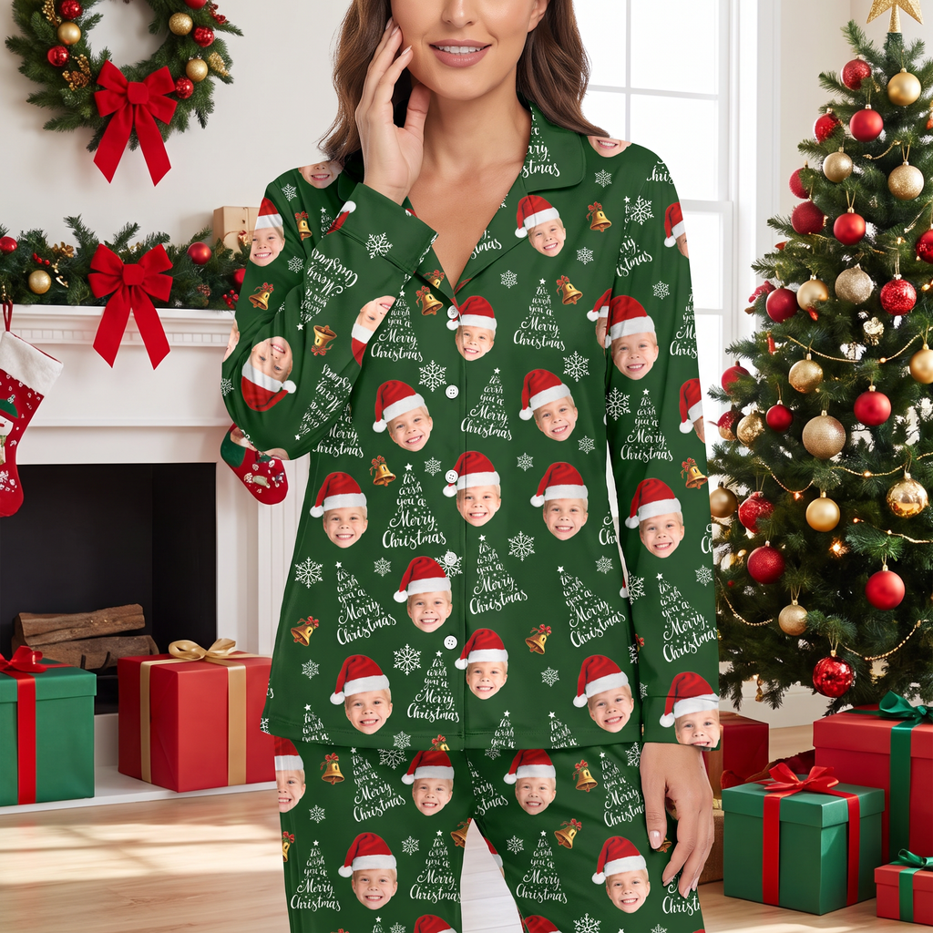 Custom Photo Pajama Set with Merry Christmas & Snowflakes KCM6S