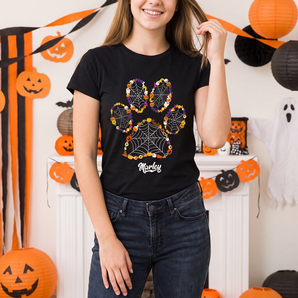 Custom Personalized Halloween Paw Print T-shirt with Spiderweb M62B5
