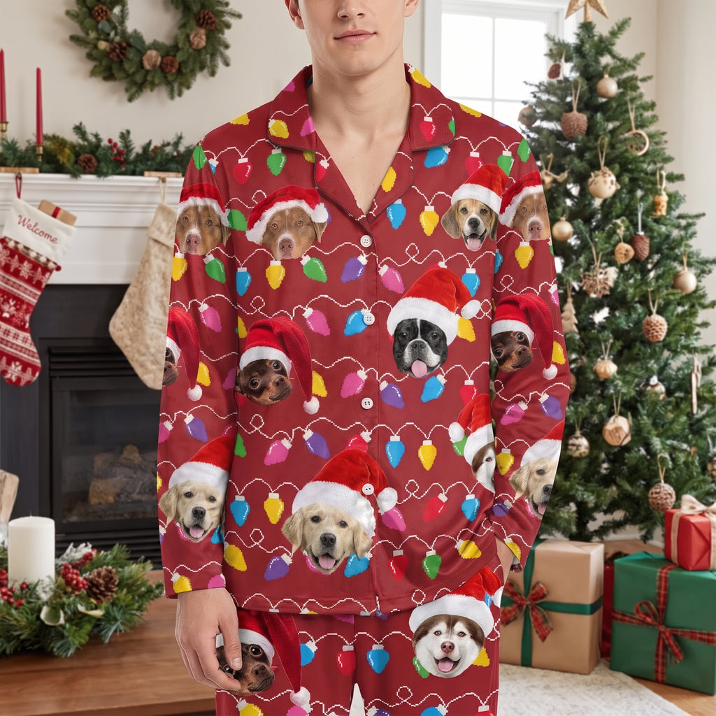 Custom Photo Upload Pajamas with Christmas Cats & Colorful Lights P2C5V