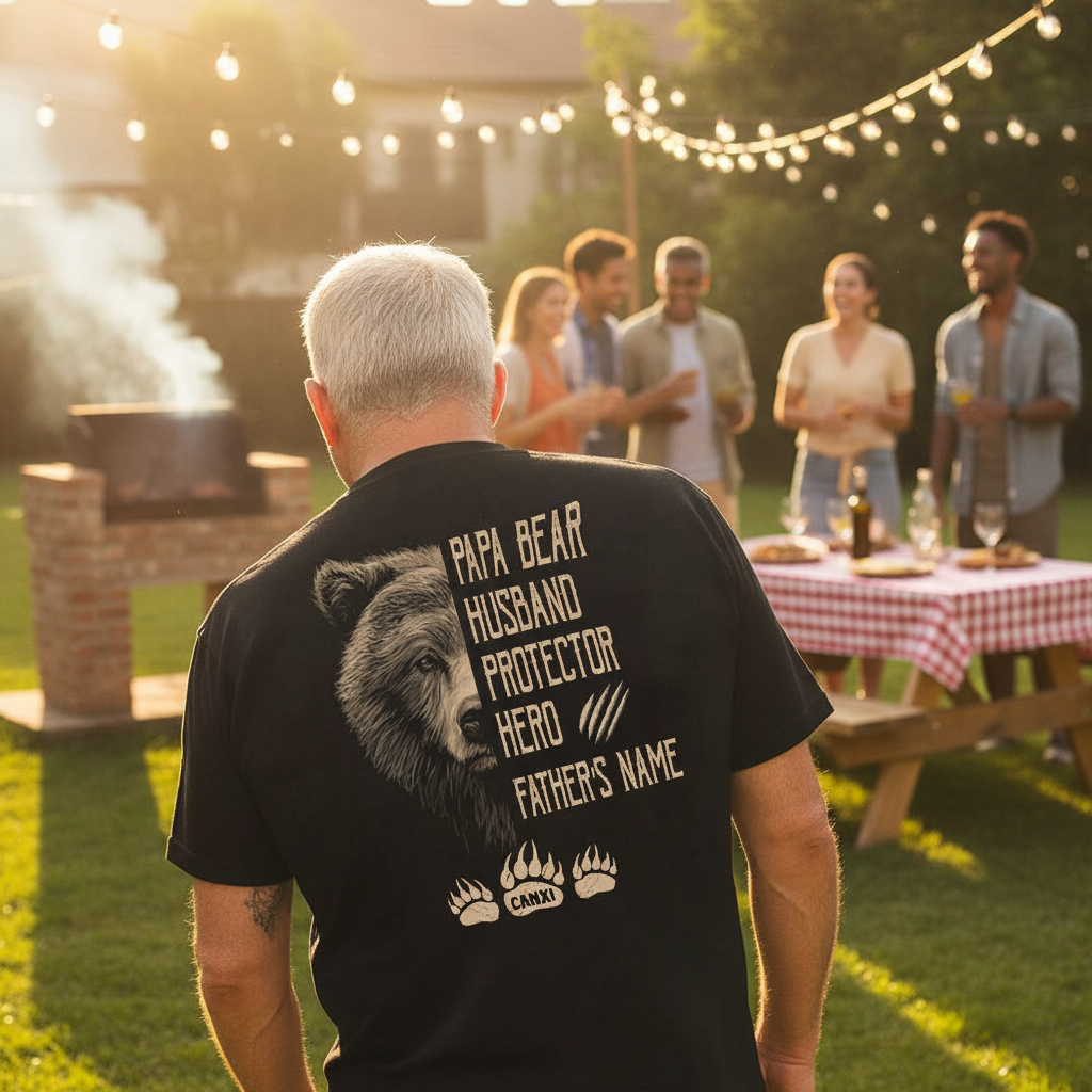 Papa Bear Husband Protector Hero Bear T-Shirt at backyard BBQ