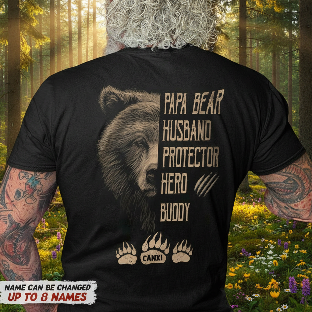 Papa Bear Husband Protector Hero Bear T-Shirt in forest clearing