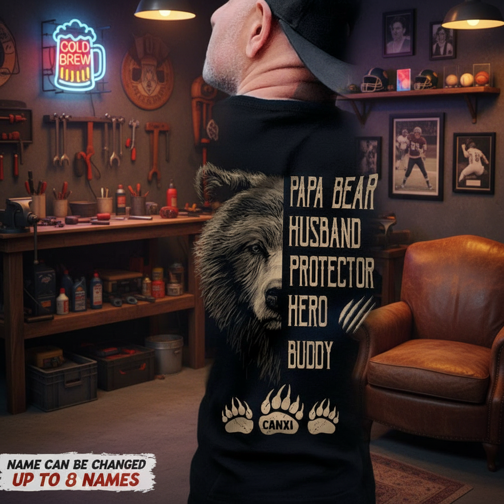 Papa Bear Husband Protector Hero Bear T-Shirt in man cave