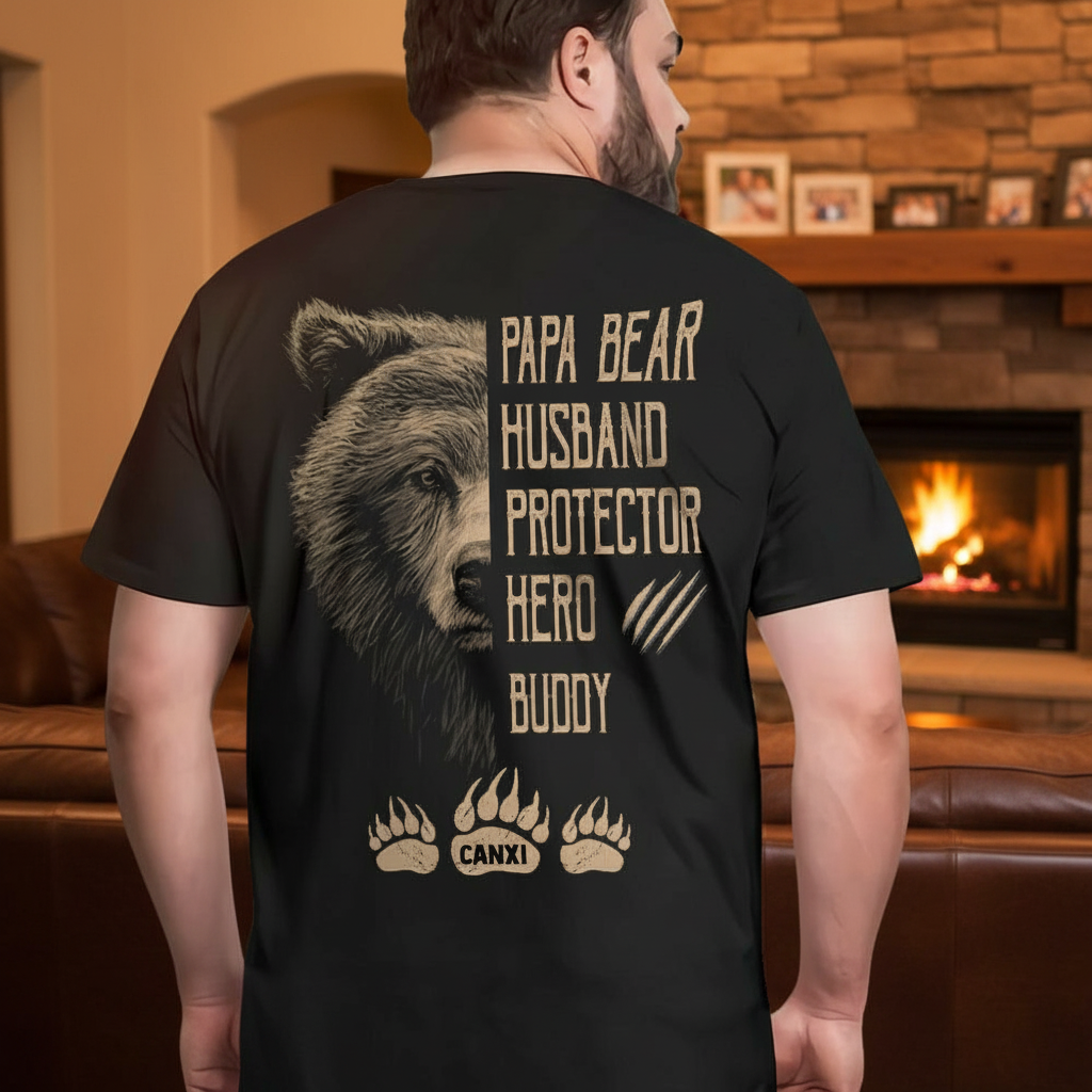 Papa Bear Husband Protector Hero Bear T-Shirt in cozy living room