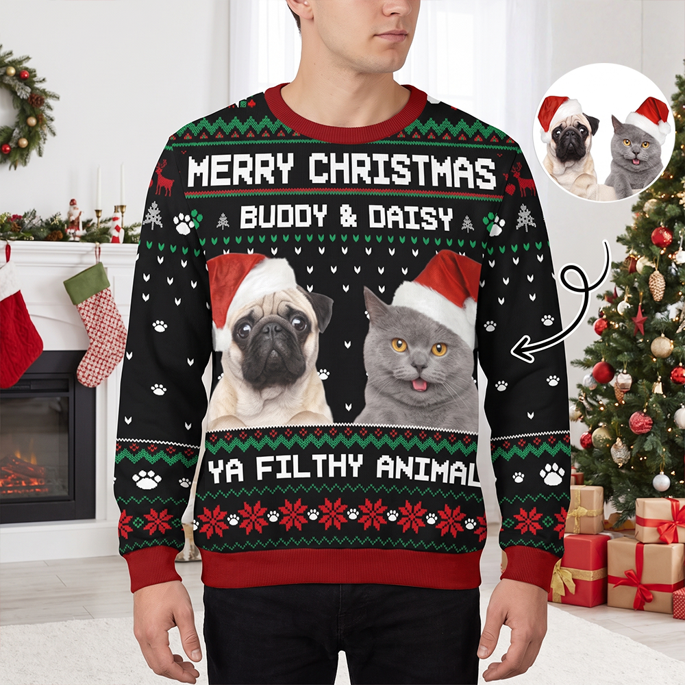 Custom Photo Upload Christmas Sweater with Pets in Santa Hats MQGFE