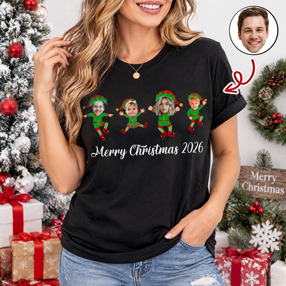 Custom Photo Upload T-Shirt with Elf Graphics - Merry Christmas TQR6I