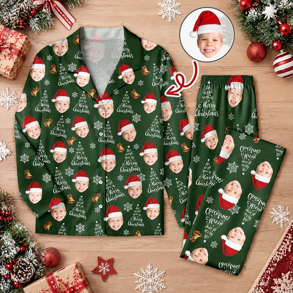 Custom Photo Pajama Set with Merry Christmas & Snowflakes KCM6S