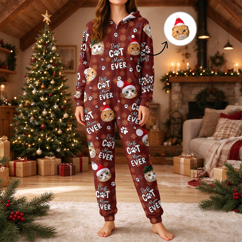 Custom Photo Upload Onesie Pajamas - Best Cat Dad Ever Christmas YAX4H