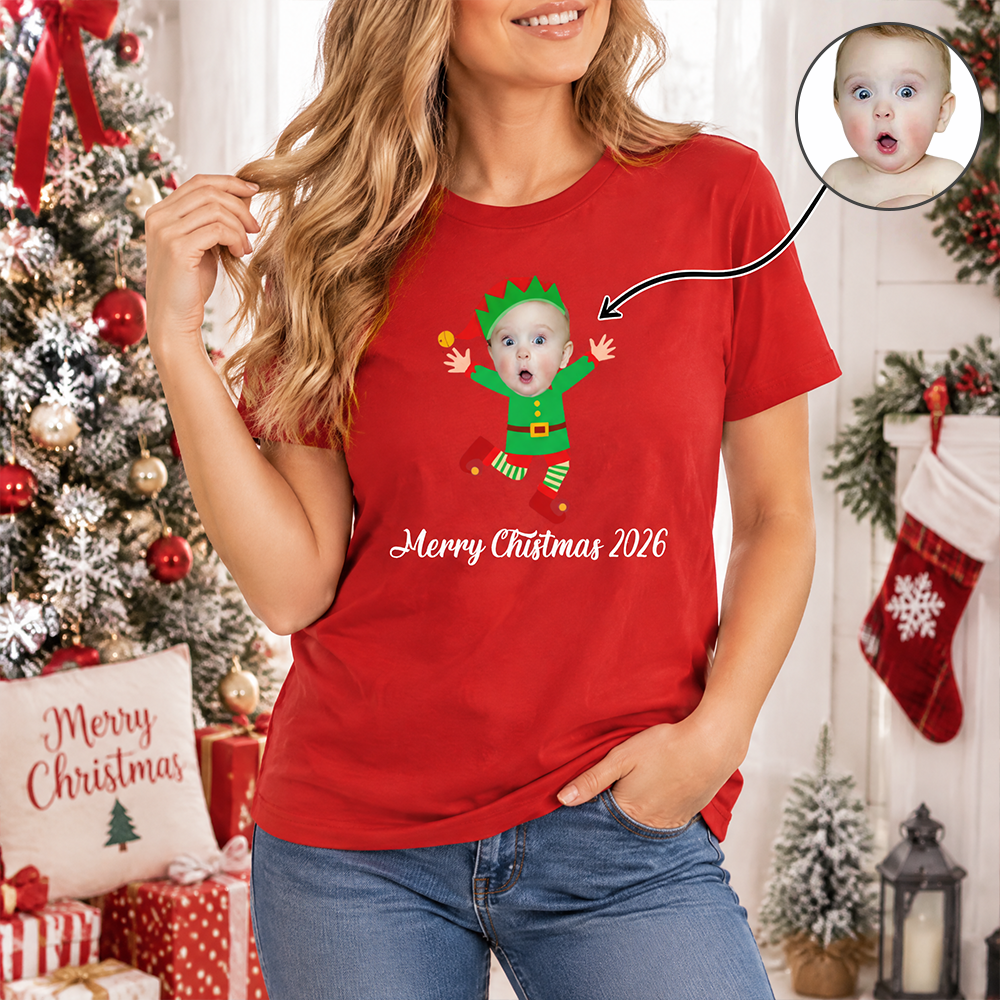 Custom Photo Upload T-Shirt with Elf Graphics - Merry Christmas TQR6I