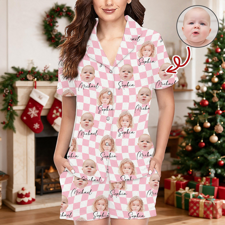 Custom Photo Upload Pajama Set with Mint Checkered Pattern D697Y