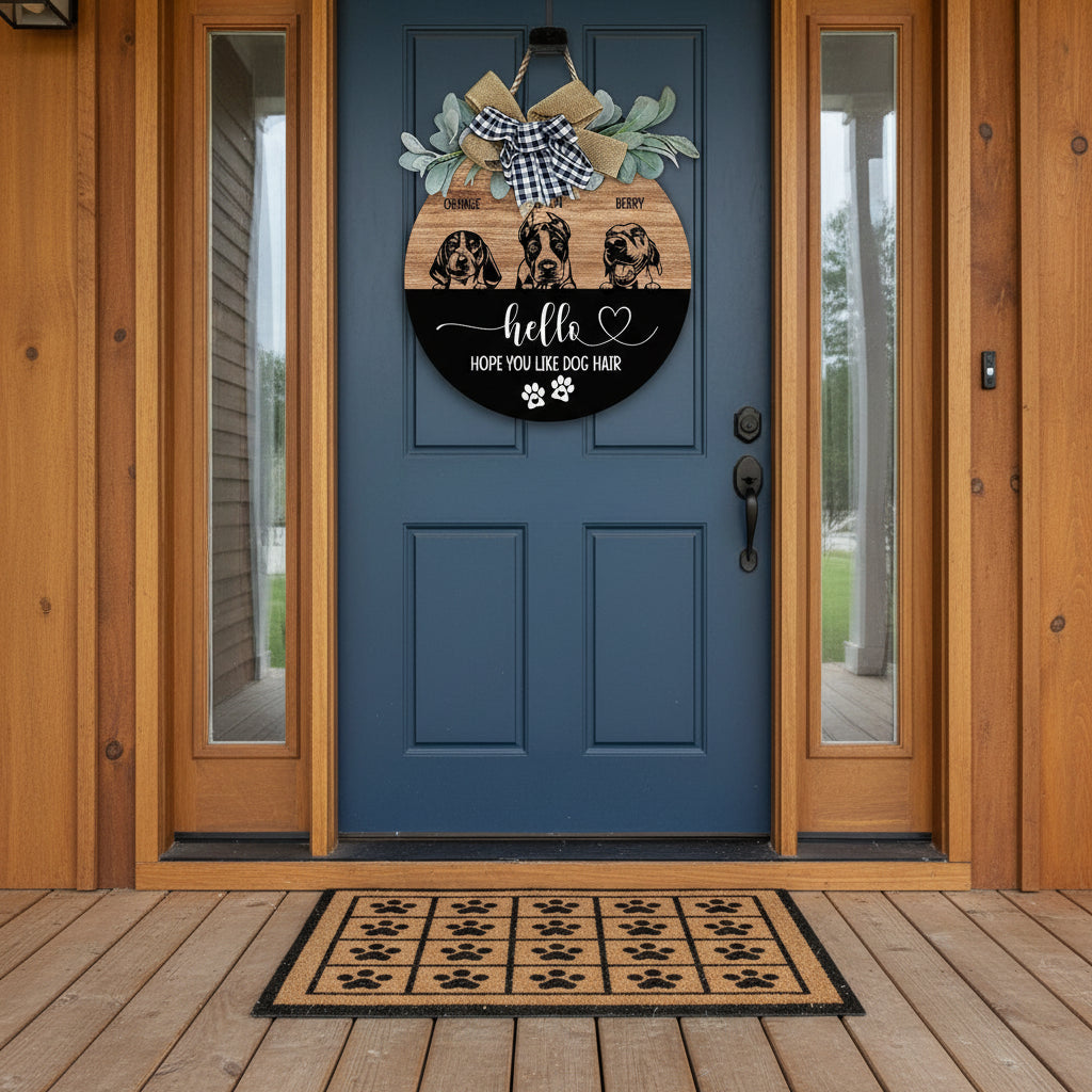 Hello Hope You Like Dog Hair Dog Wooden Door Sign With Wreat