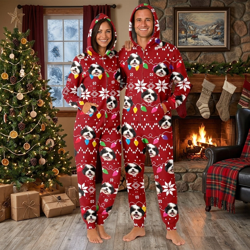 Custom Dog Face Funny Christmas Lights Onesie Pajamas