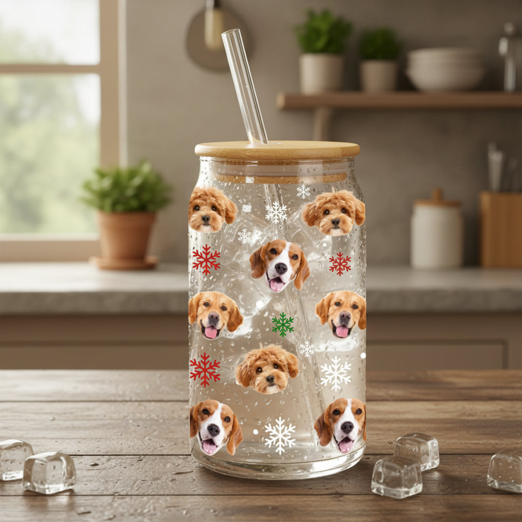 Custom Pet Photo Glass Can With Lid Christmas Gift for Pet Lovers