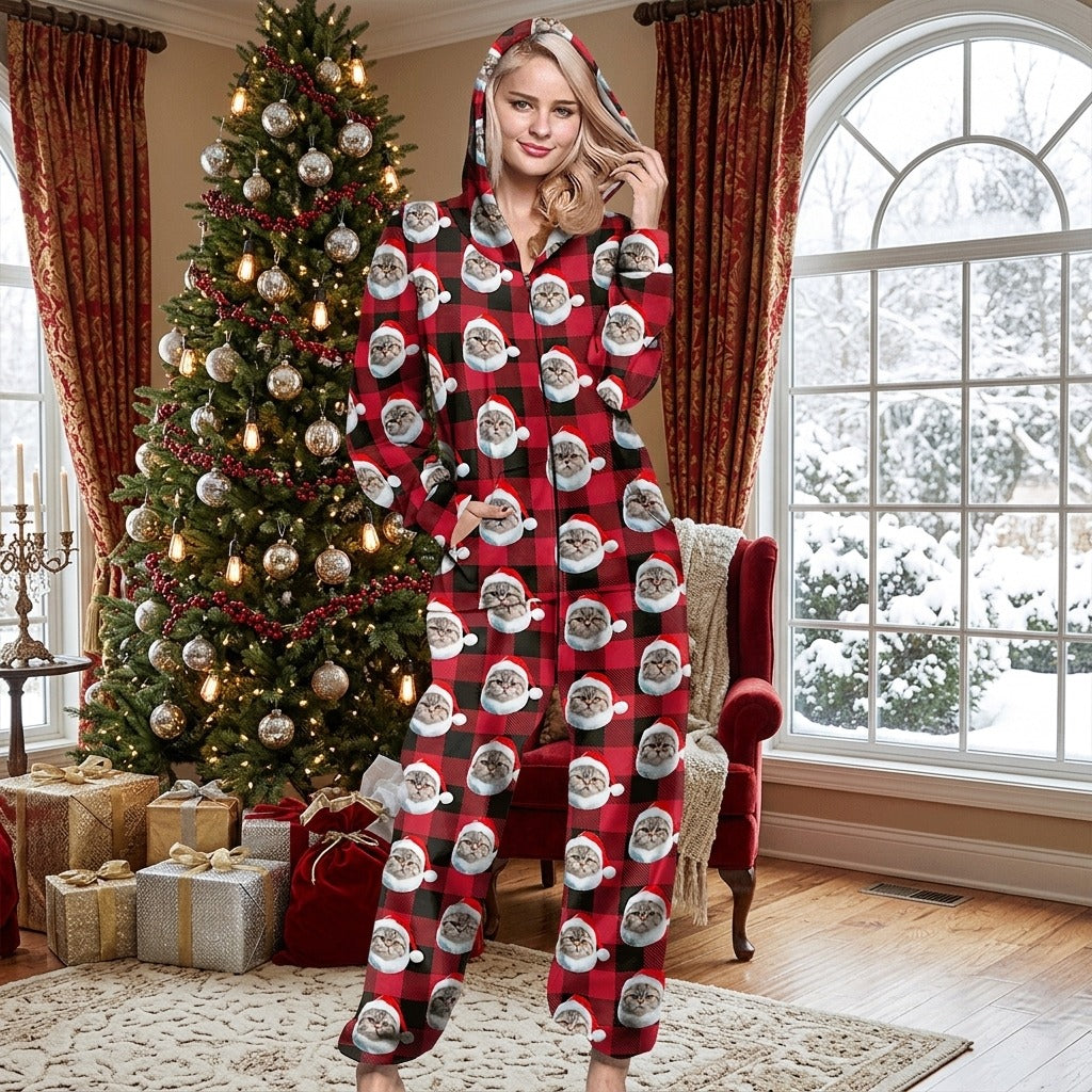 Custom Photo With Christmas Pattern Onesie Pajamas For Cat Lovers