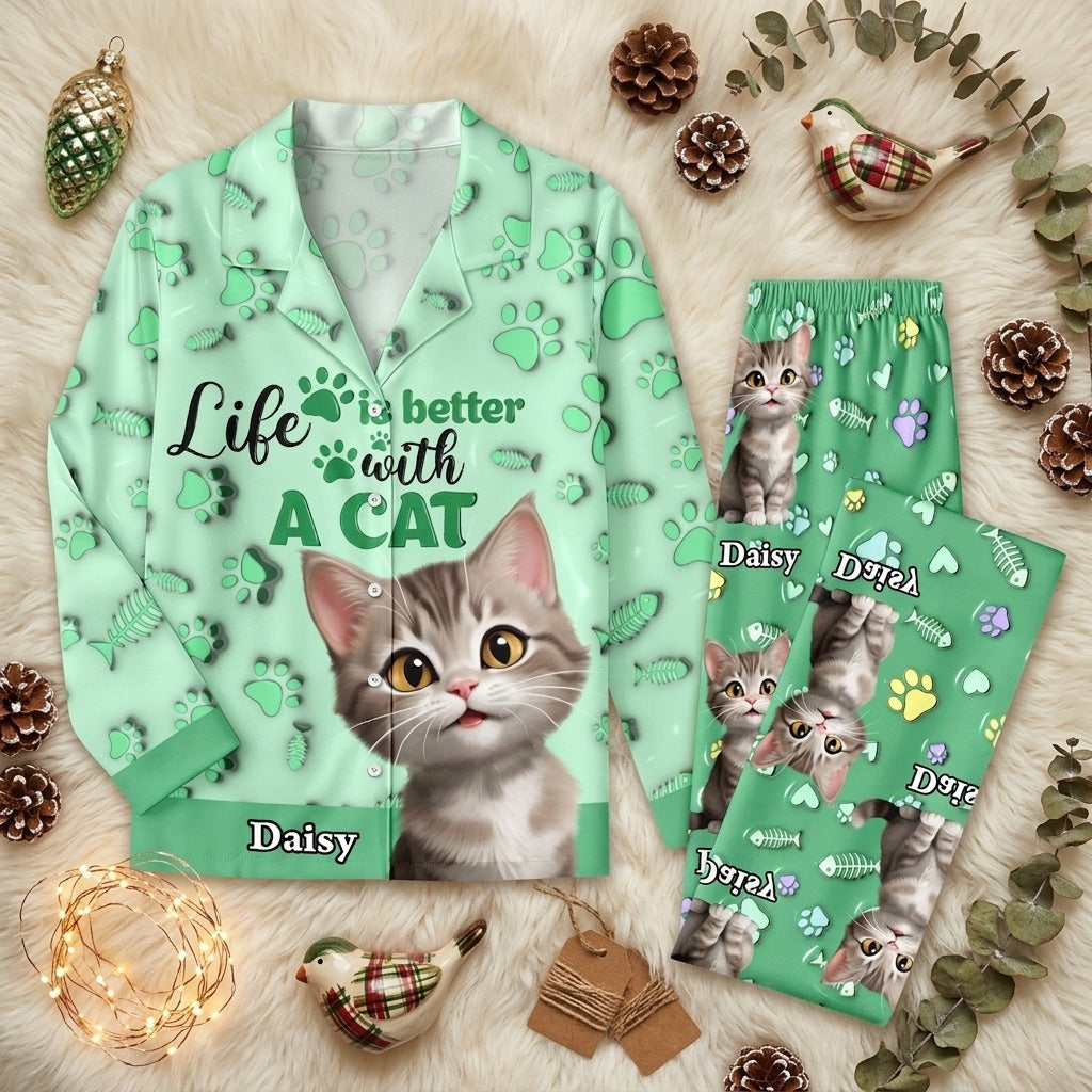 Custom Cat Name Life Is Better With Cats 3D Effect Pajamas