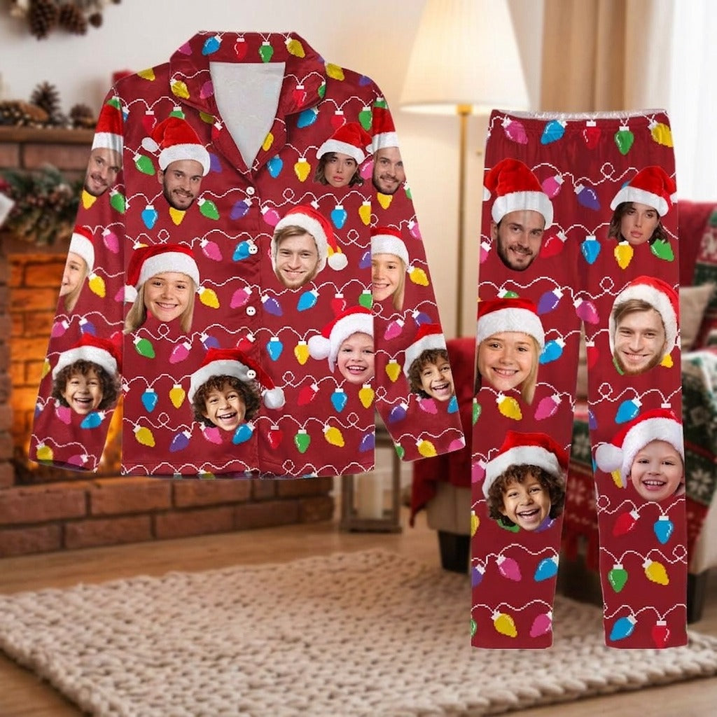 Custom Human Face Photo With Colorful Christmas Lights Pajamas