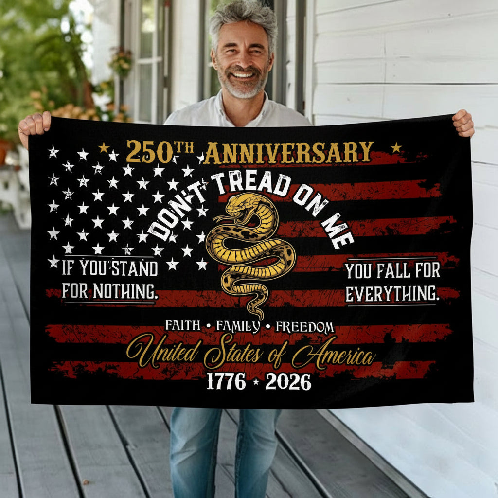 USA 250th Anniversary House Flag – Don't Tread On Me Patriotic Design