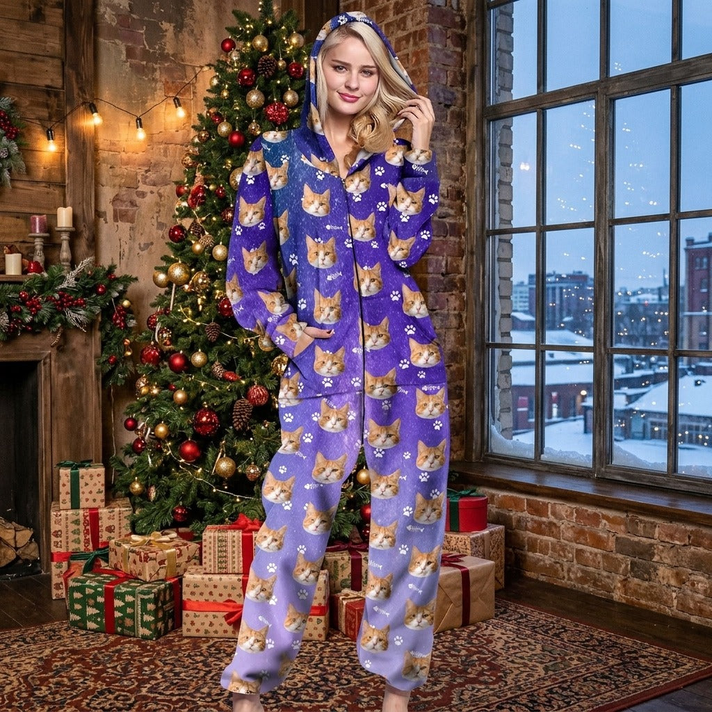 Custom Photo Galaxy Onesie Pajamas For Cat Lovers
