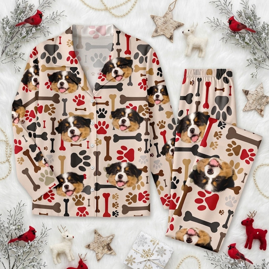 Custom Dog Photo With Paw And Bone Pattern Pajamas