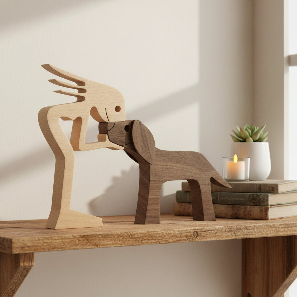 A Woman And Black Floppy Ears Dog Wood Sculpture T286 HN590