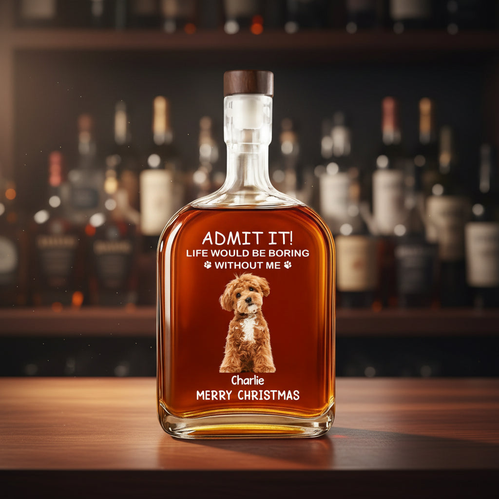 Custom Dog Cat Photo Life Would Be Boring Without Me Christmas Whiskey Bottle