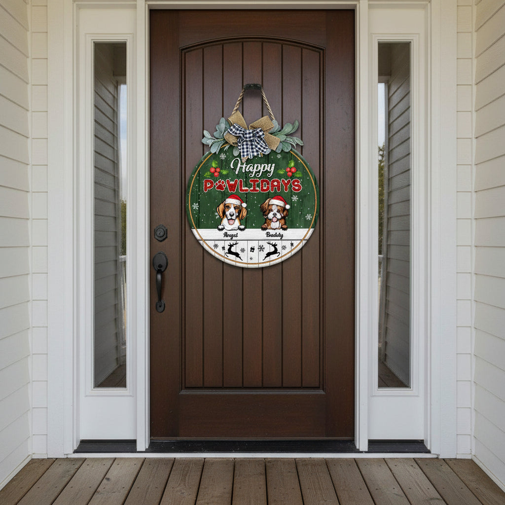 Happy Pawlidays Dog Wooden Door Sign With Wreath, Dog Door H
