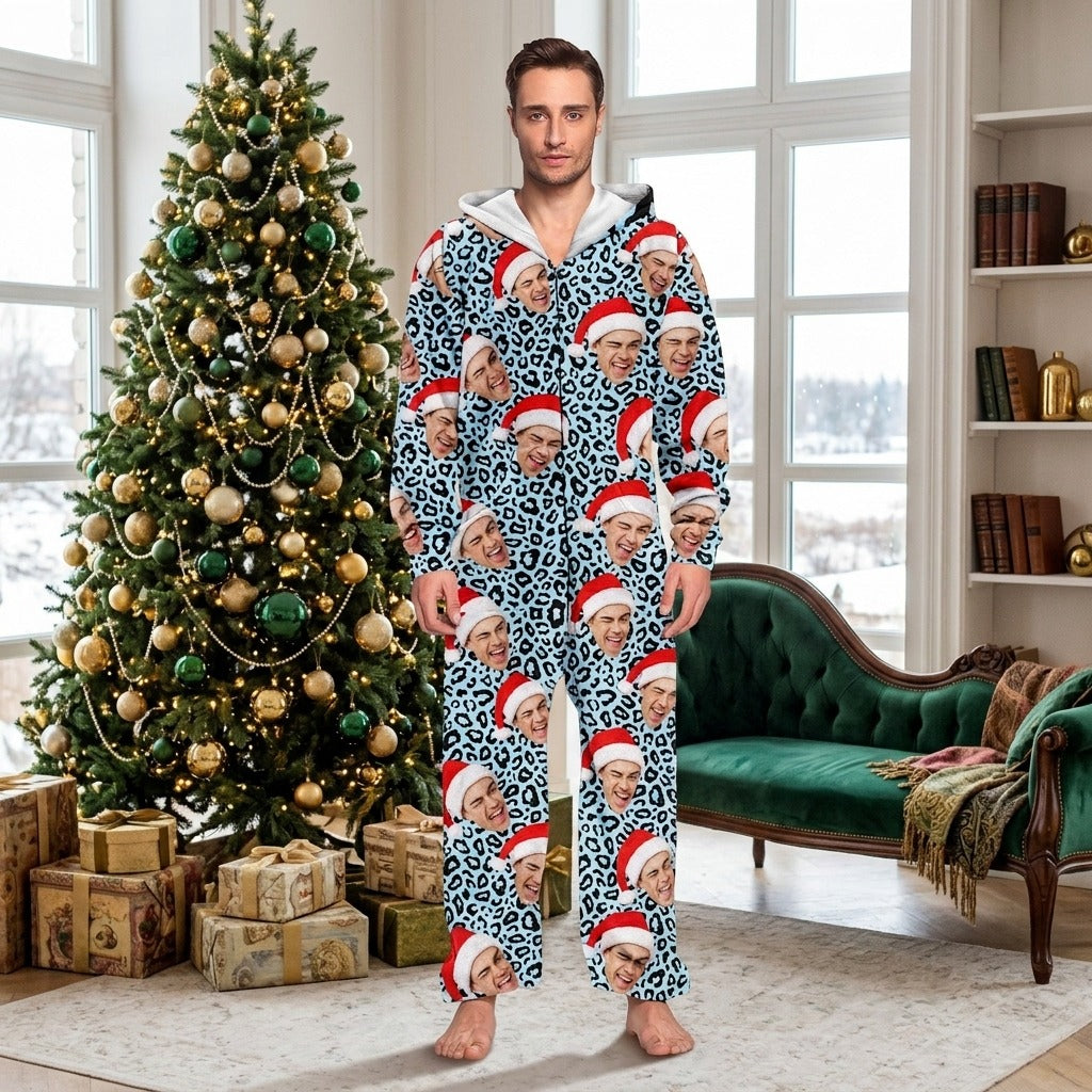 Custom Human Face Photo With Leopard Pattern Onesie Pajamas