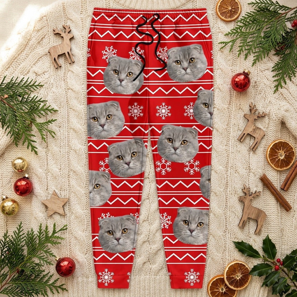 Custom Photo With Christmas Pattern Cat Men and Women's Sweatpants
