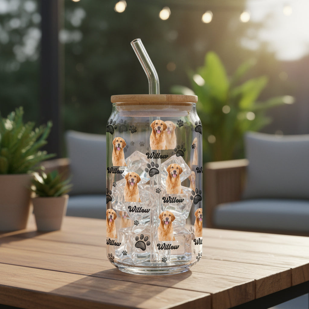 Custom Photo And Name With Dog Paw Glass Can With Lid Gift for Pet Lovers