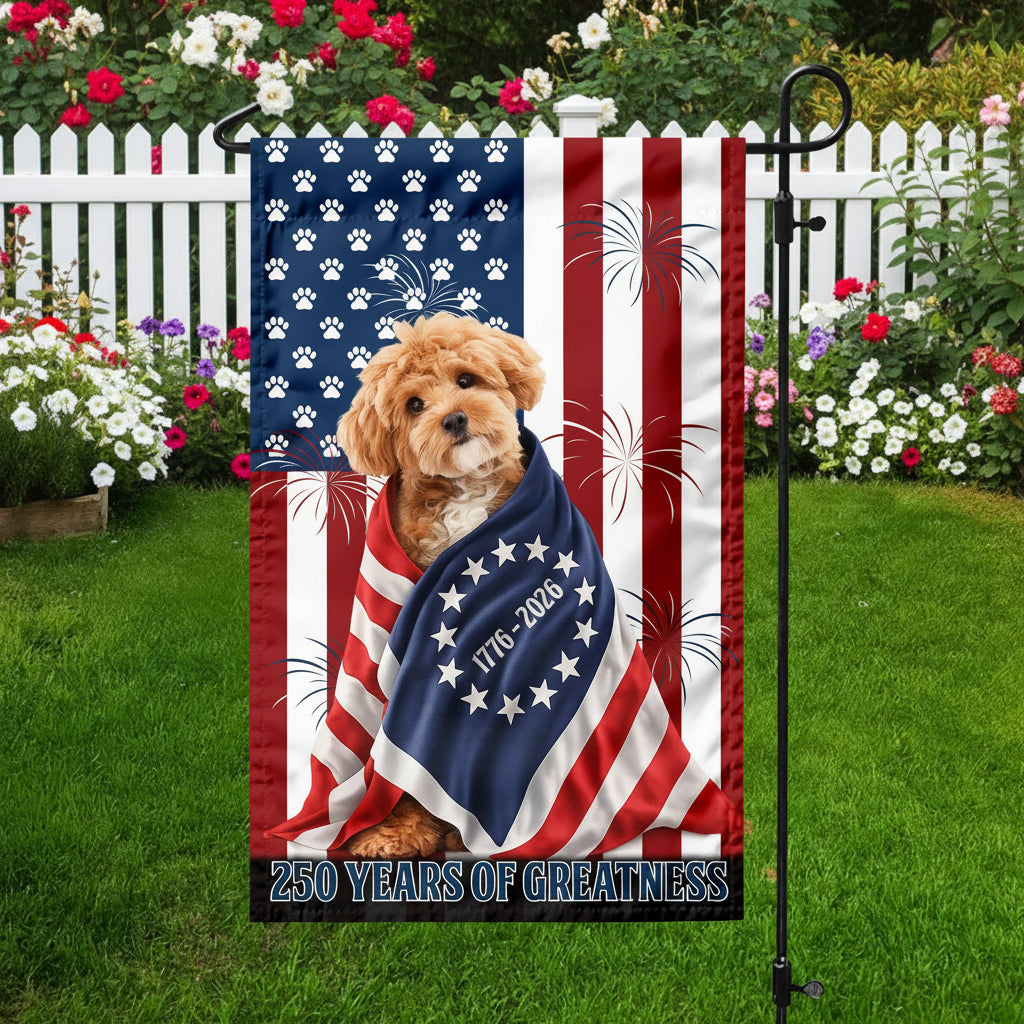 Custom Photo My Dog, Cat Loves America 250 Patriotic Garden Flag