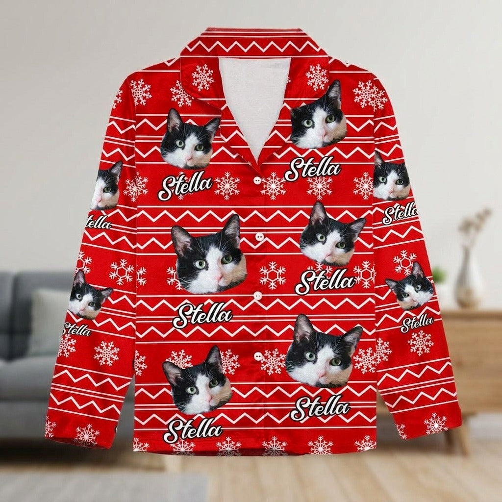 Custom Cat Photo With Christmas Background Pajamas