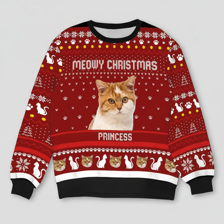 Custom Meowy Christmas Cat Aop Ugly Sweatshirt — Christmas Gift 3C6AS