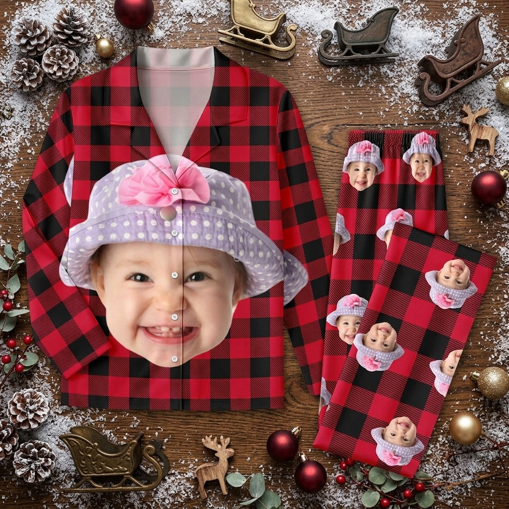 Custom Photo Portrait Face With Christmas Accessories Flannel Pajamas