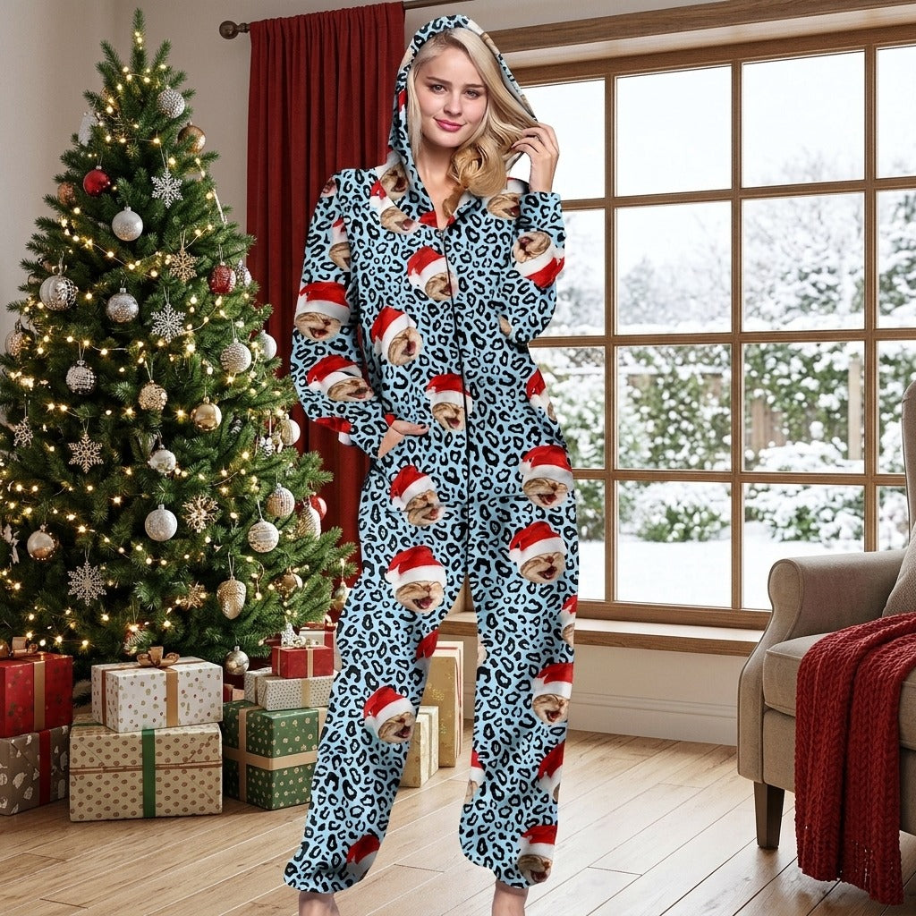 Custom Cat Photo With Leopard Pattern Onesie Pajamas