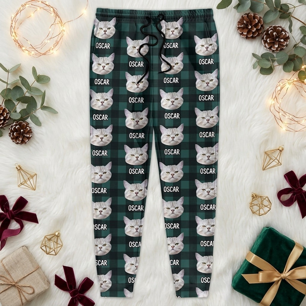 Custom Cat Photo With Christmas Pattern For Men and Women Sweatpants