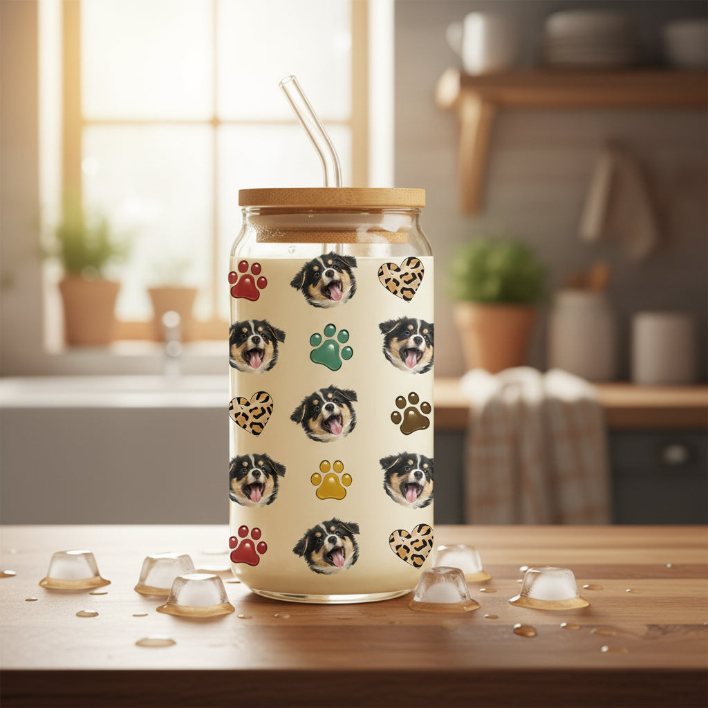 Custom Dog Cat Pet Photo Glass Can With Lid Gift for Pet Lovers