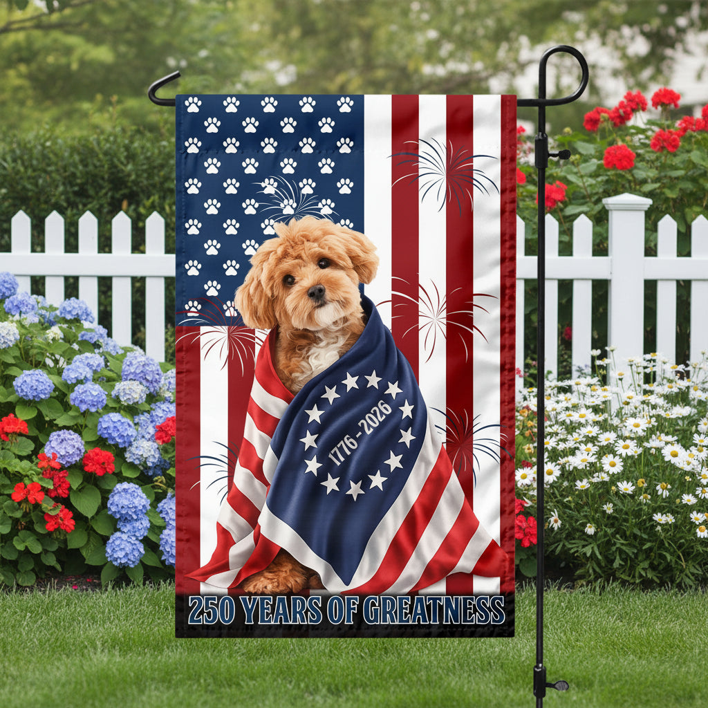 Custom Photo My Dog, Cat Loves America 250 Patriotic Garden Flag