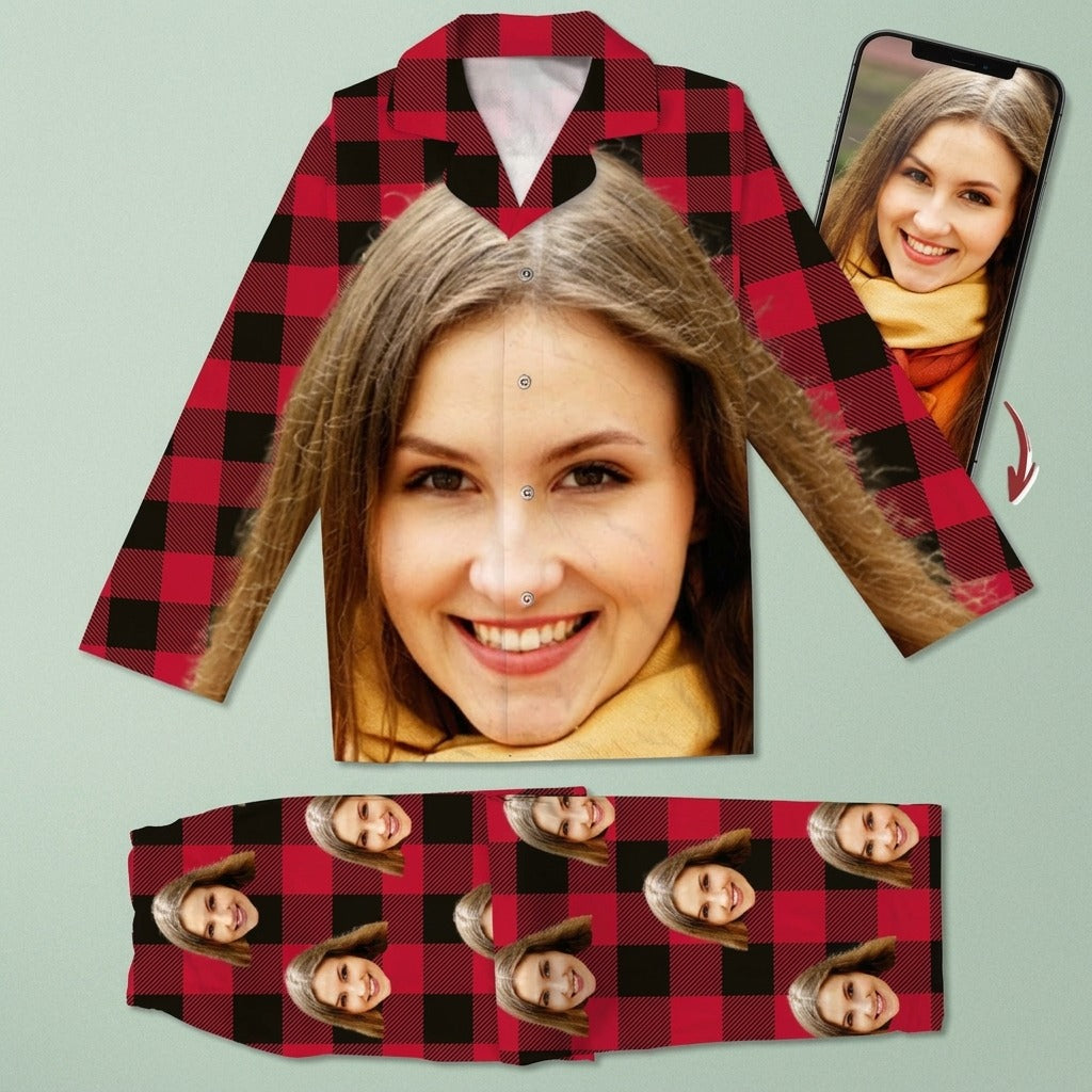 Custom Photo Portrait Face With Christmas Accessories Flannel Pajamas