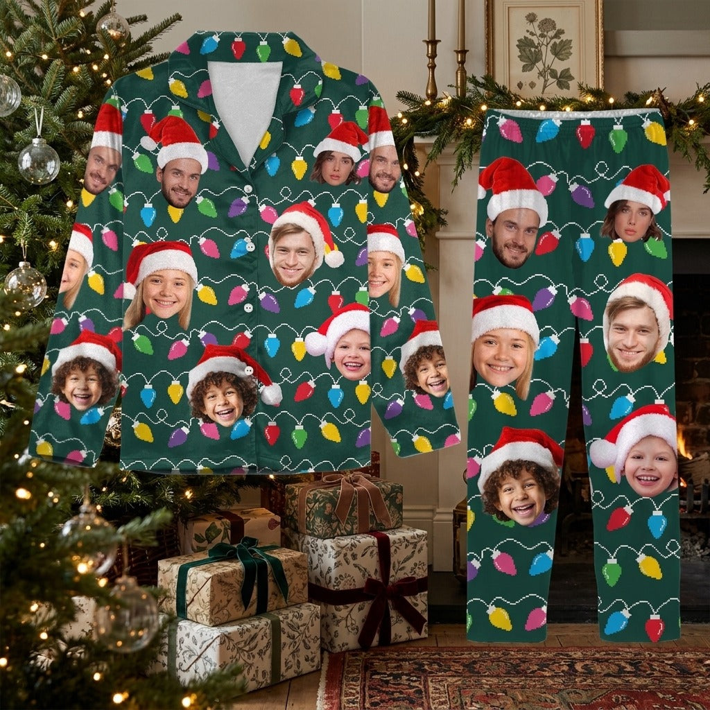 Custom Human Face Photo With Colorful Christmas Lights Pajamas