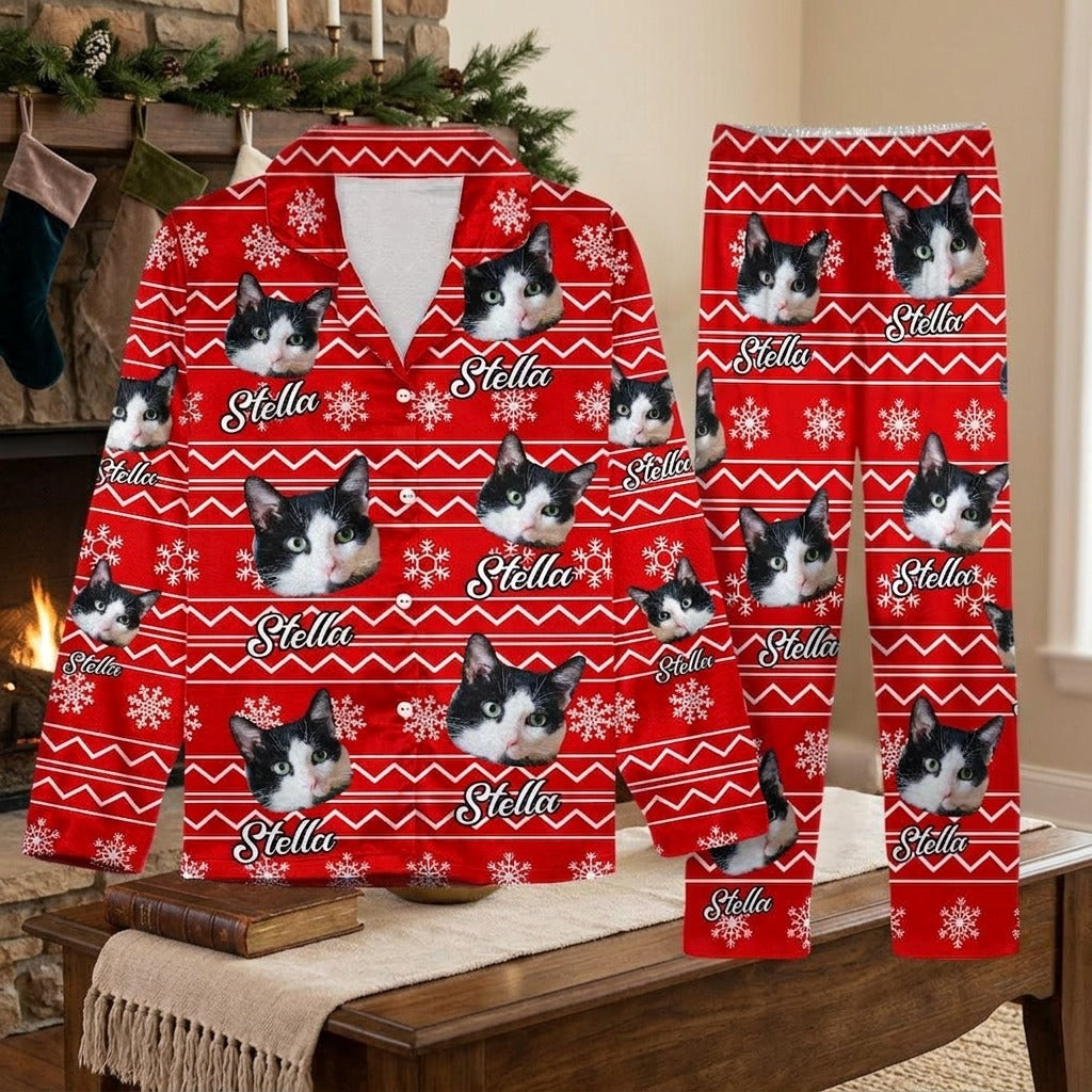 Custom Cat Photo With Christmas Background Pajamas