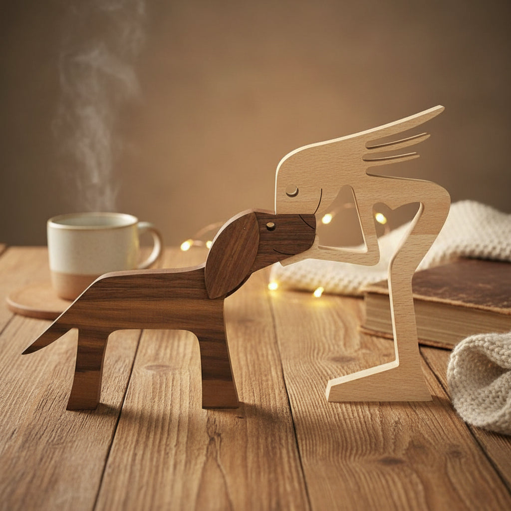 A Woman And Black Floppy Ears Dog Wood Sculpture T286 HN590