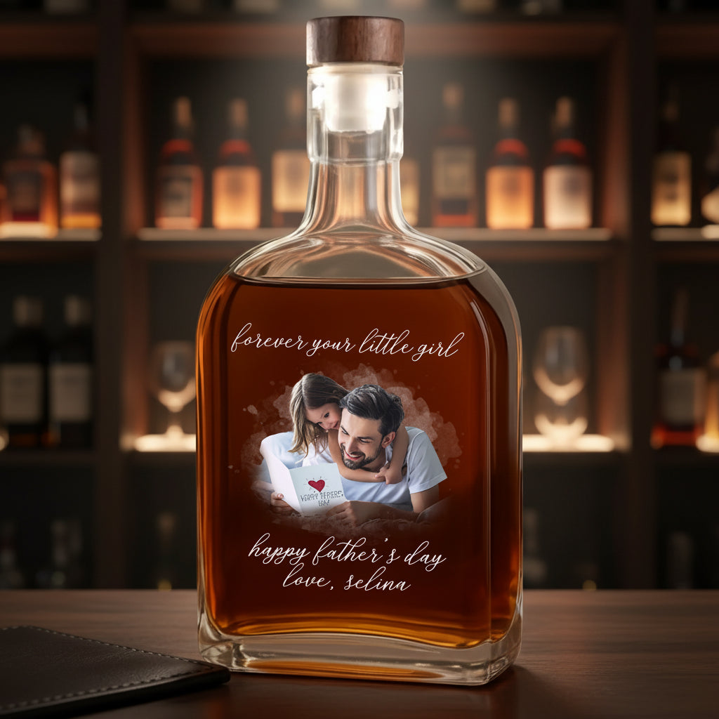 Custom Photo Forever Your Little Girl, Little Boy & Dad Family Whiskey Bottle