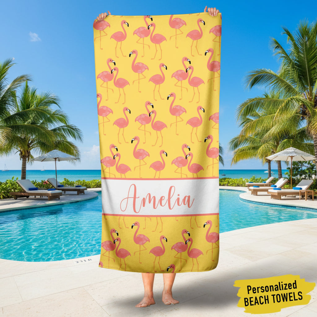 Flamingo Custom Name Beach Towels