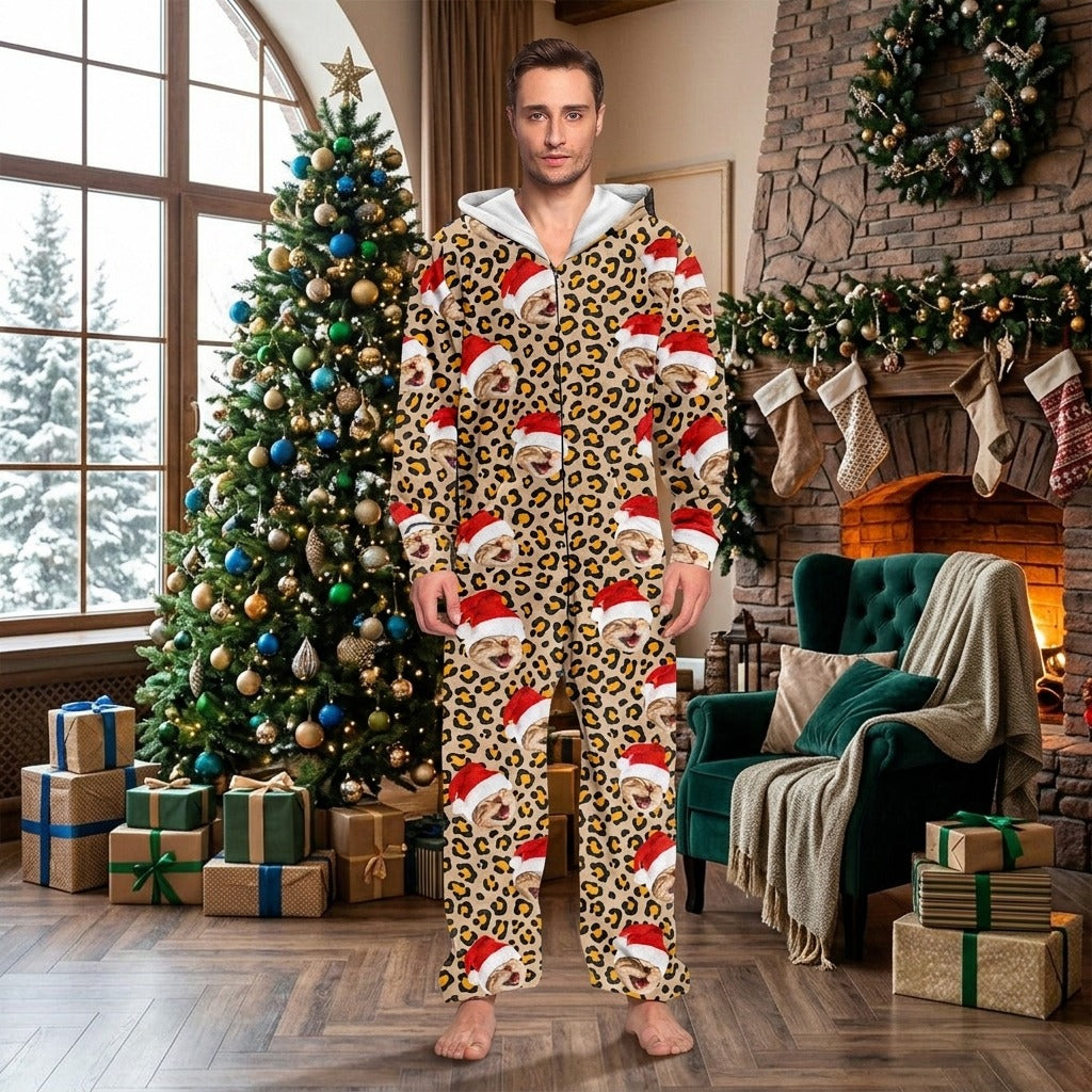 Custom Cat Photo With Leopard Pattern Onesie Pajamas