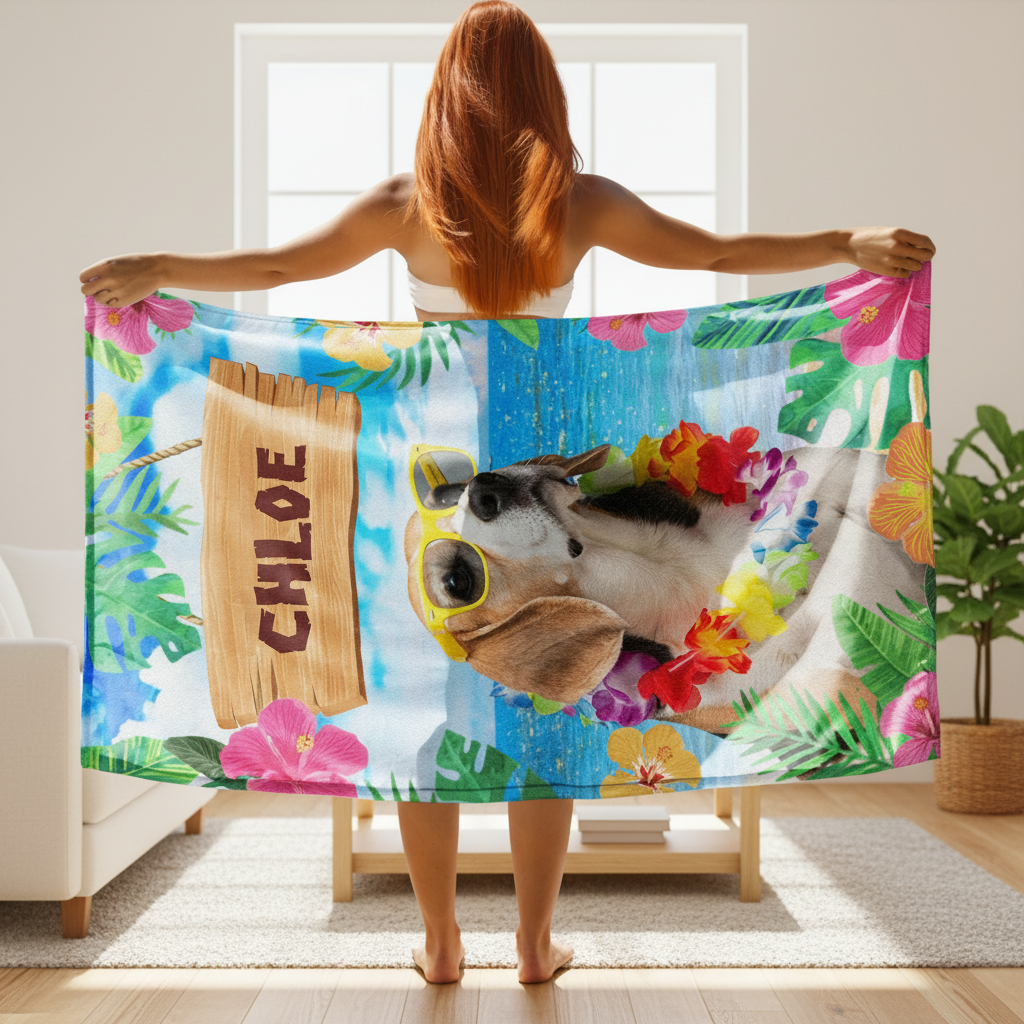 Custom Photo Summertime Bliss With Vibrant Dog Cat Beach Tow